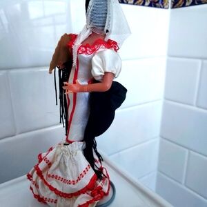 Vintage 1960s Marin Chiclana Spain Flamenco Dancer Doll On Stand White Dress